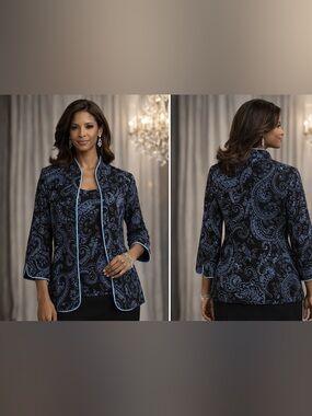 Alex Evenings 2 Pc Jacket & Shell Set Black Blue Paisley Print Size M Formal